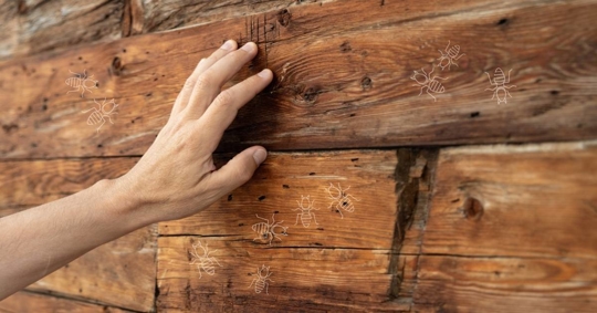 Man's hand lies on the aged wood
