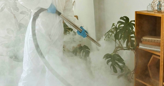 Technician fumigating indoors